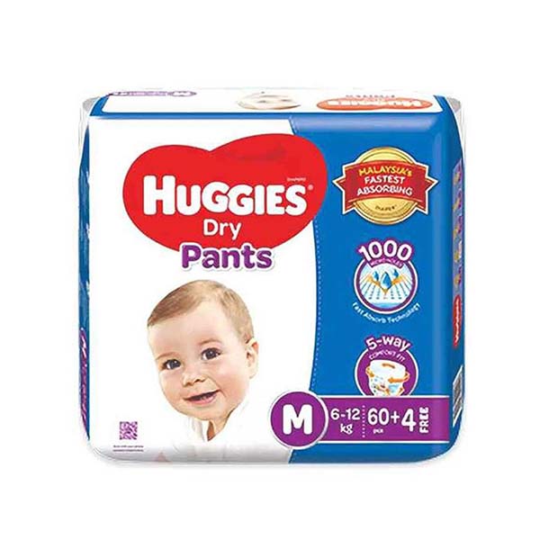 Huggies Dry Pant Diaper, M (6-12 Kg), Pack of 64 Pcs